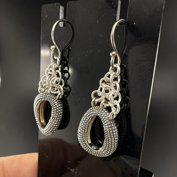 Michael Dawkins Earrings Sterling Silver Pebbled Granulated Link Dangle Drop 925 - Picture 5 of 13
